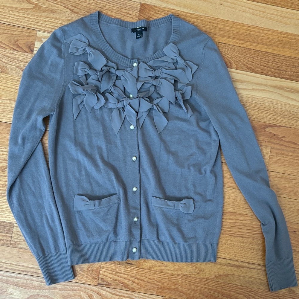 Classic and Beautiful Ann Taylor Gray Bow Cardigan Sweater with Pearl Buttons